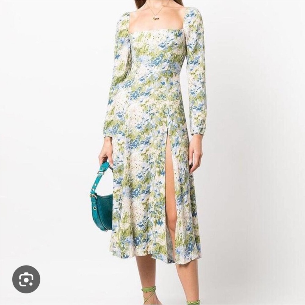 Reformation Sigmund Blue and Green Floral Long Sleeve Dress